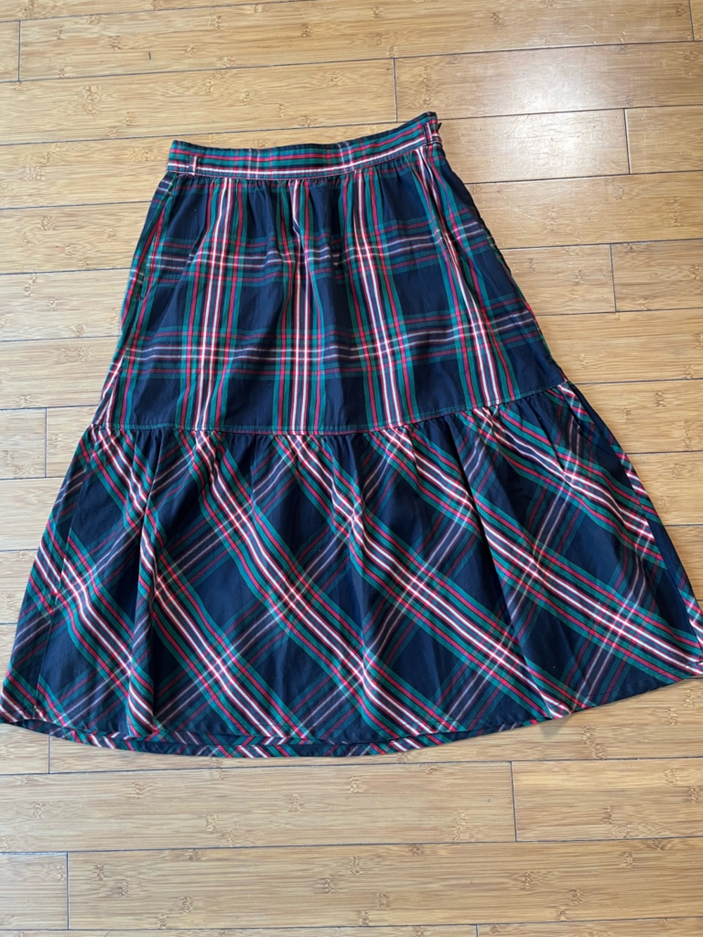 Free Assembly Tartan Plaid Navy Tiered 100% Cotton Midi Skirt Preppy